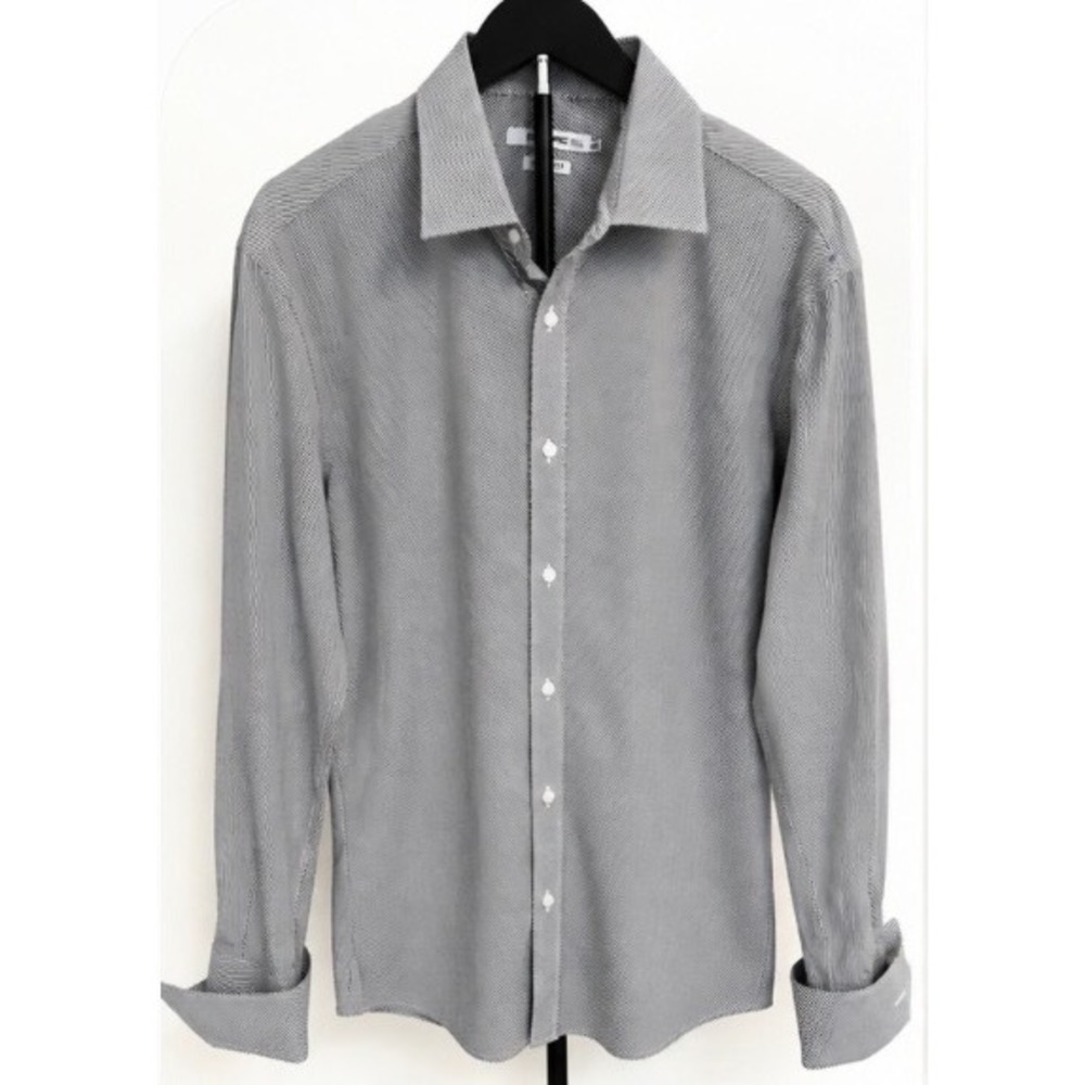 Parc 81 Mens Slim Fit Dress Shirt 16.5 34/35 Black White Micro Stripe Cotton